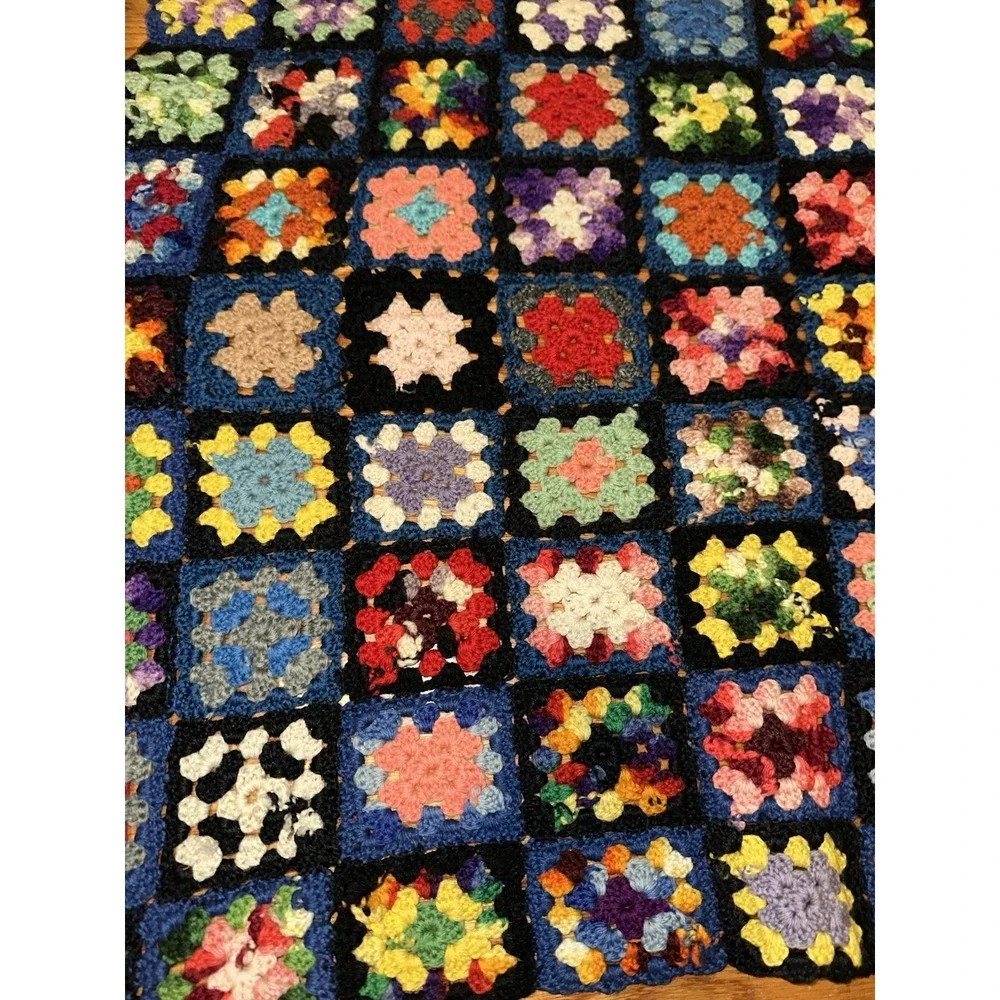 VTG 60's Colorful Granny Square Crochet Afghan Blanket Wool 41